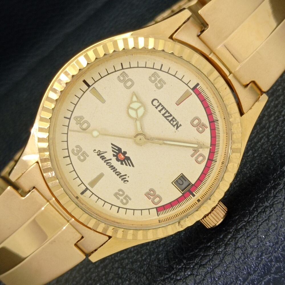 Vintage 1971 Citizen Automatic Mens Gold Watch W/daydate & Red accents